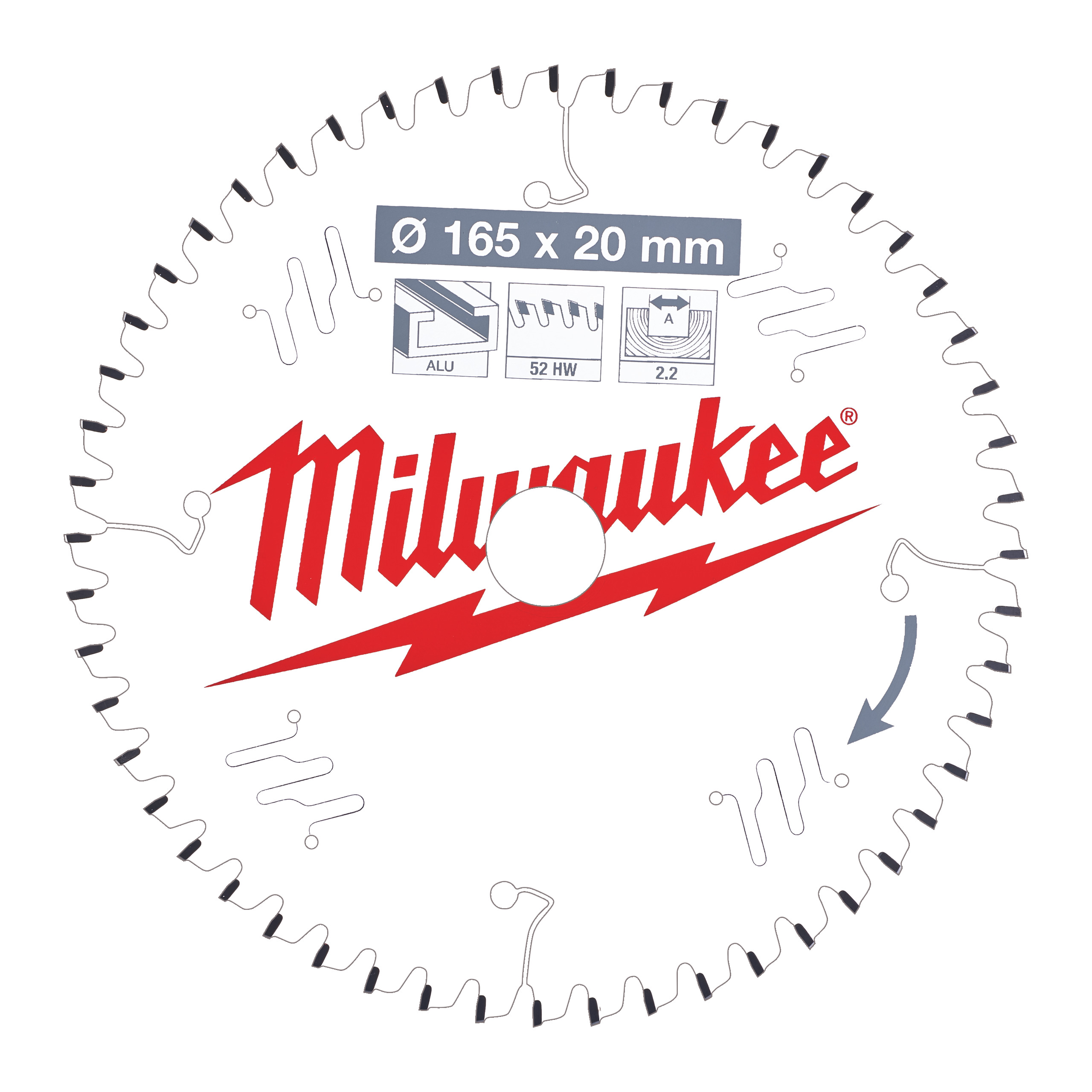 Milwaukee Accessoires 4932471296 Lame de scie circulaire P Alu165x20x2,2x52TF neg.