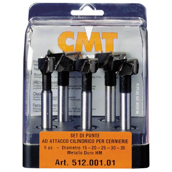 CMT 512.001.01 Jeu de 5 forets cylindriques HW pour charnière de pot - Droite - taille 15-20-25-30-35