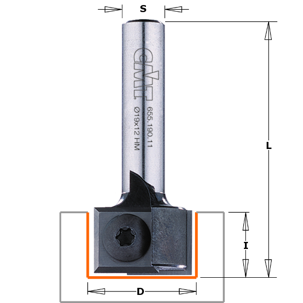 CMT 655.190.11 Fraise à coupe droite avec lames remplaçables Z2 19 mm x 45 mm - tige 8 mm