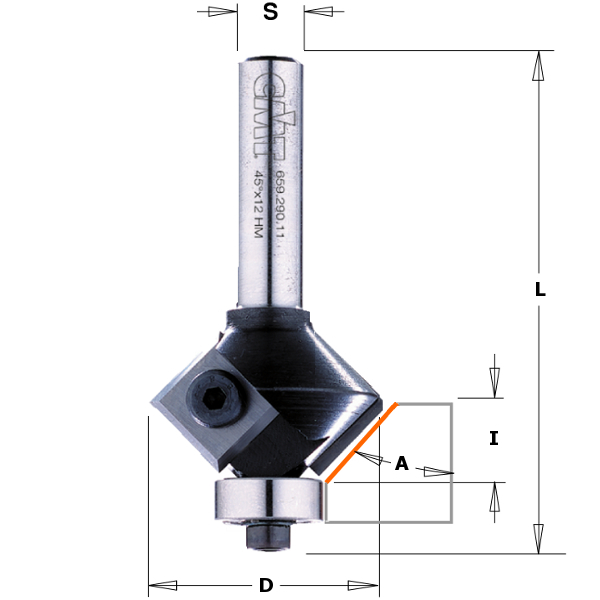 CMT 659.022.11 Affleureuse avec lames interchangeables + palier d'extrémité 22° 25 x 65 mm queue 8 mm