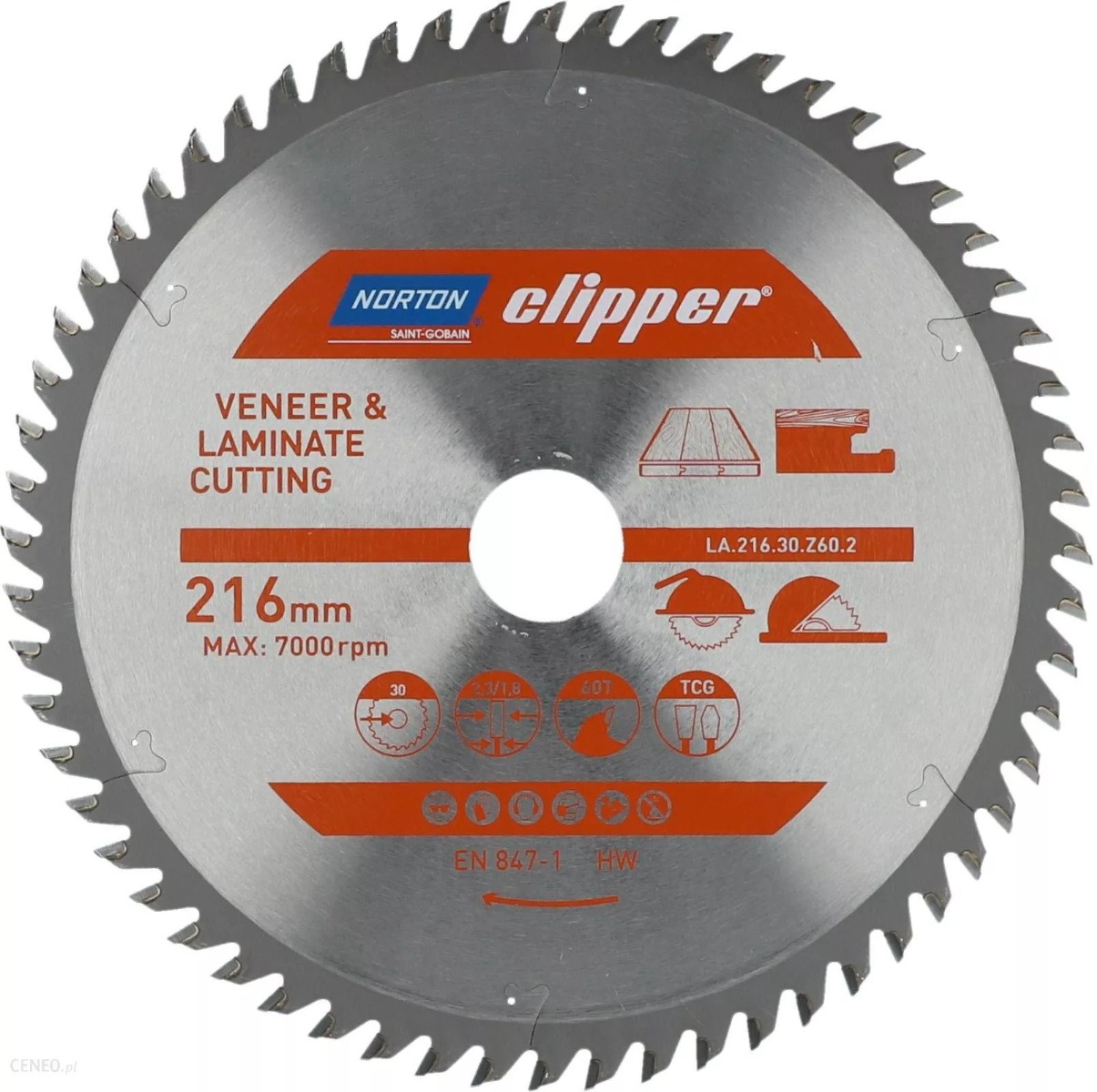 Norton Clipper 70184608143 Lame de scie 216 x 30 x 60T pour les panneaux mélaminés, le contreplaqué et les panneaux stratifiés.