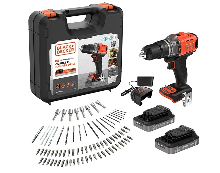 Black & Decker BCD383D2XKA-QW Perceuse sans fil 2x 18V 2.0Ah batterie et accessoires 80 pièces en mallette