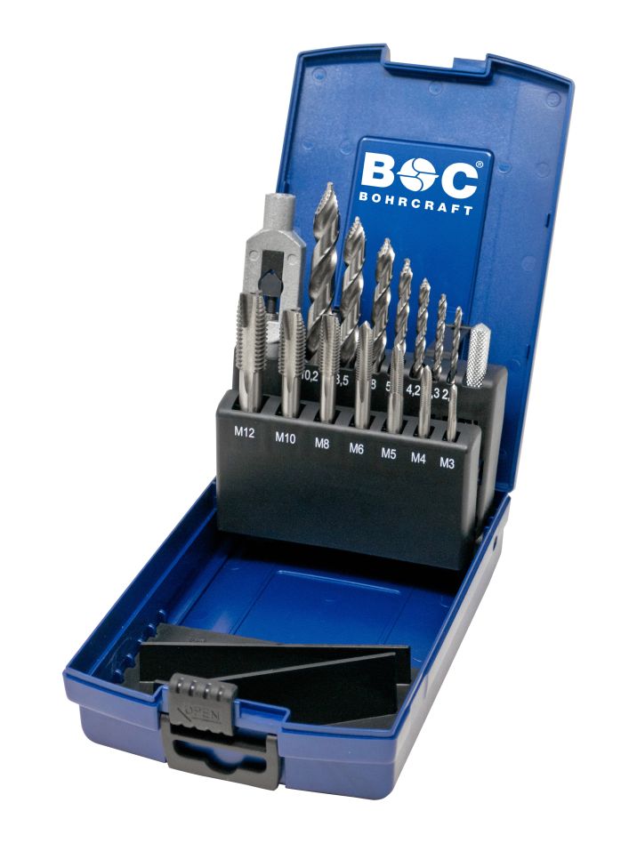 Bohrcraft 41201340015 Jeu de tarauds pour machines DIN 352 + forets NEO HSS-G, 15 pi&egrave;ces - M3 - M12