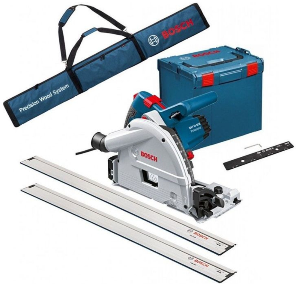 Bosch Bleu 0615990EA8 GKT 55 GCE Scie plongeante + Rails de guidage + Sac pour FSN + Jeu de jonction