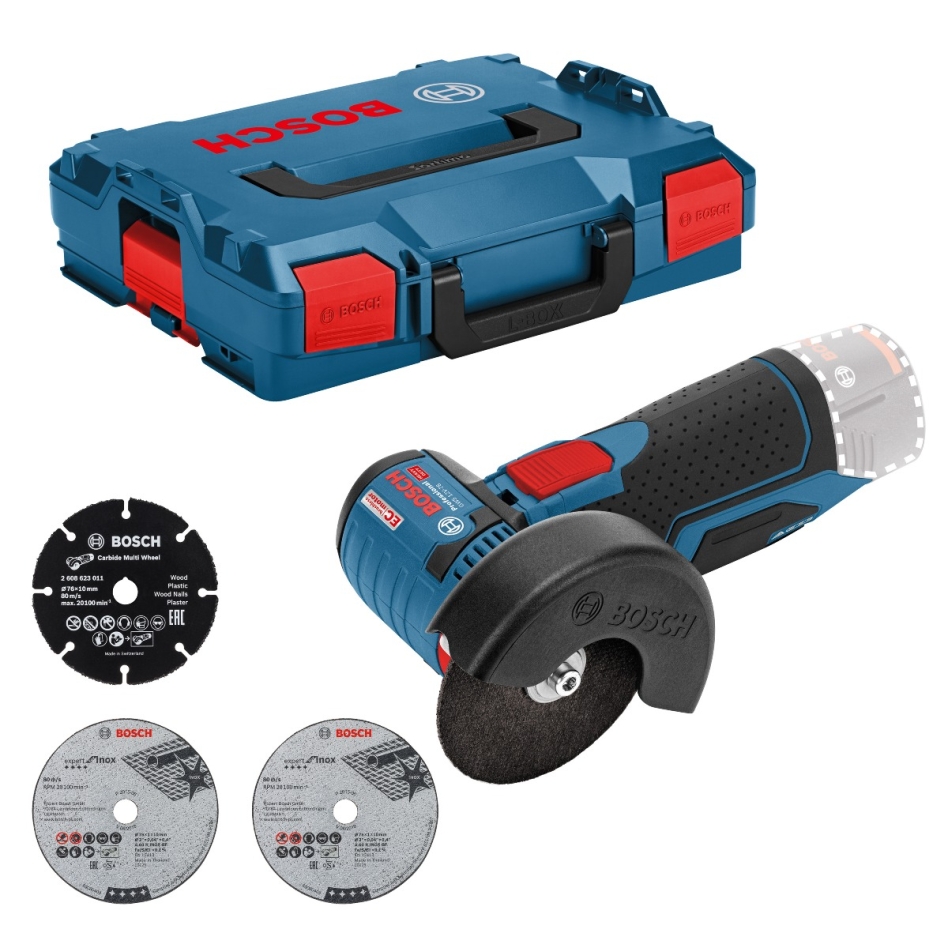 Bosch Bleu 06019F2003 Meuleuse sans fil GWS 12V-76 solo Click&Go, L-BOXX