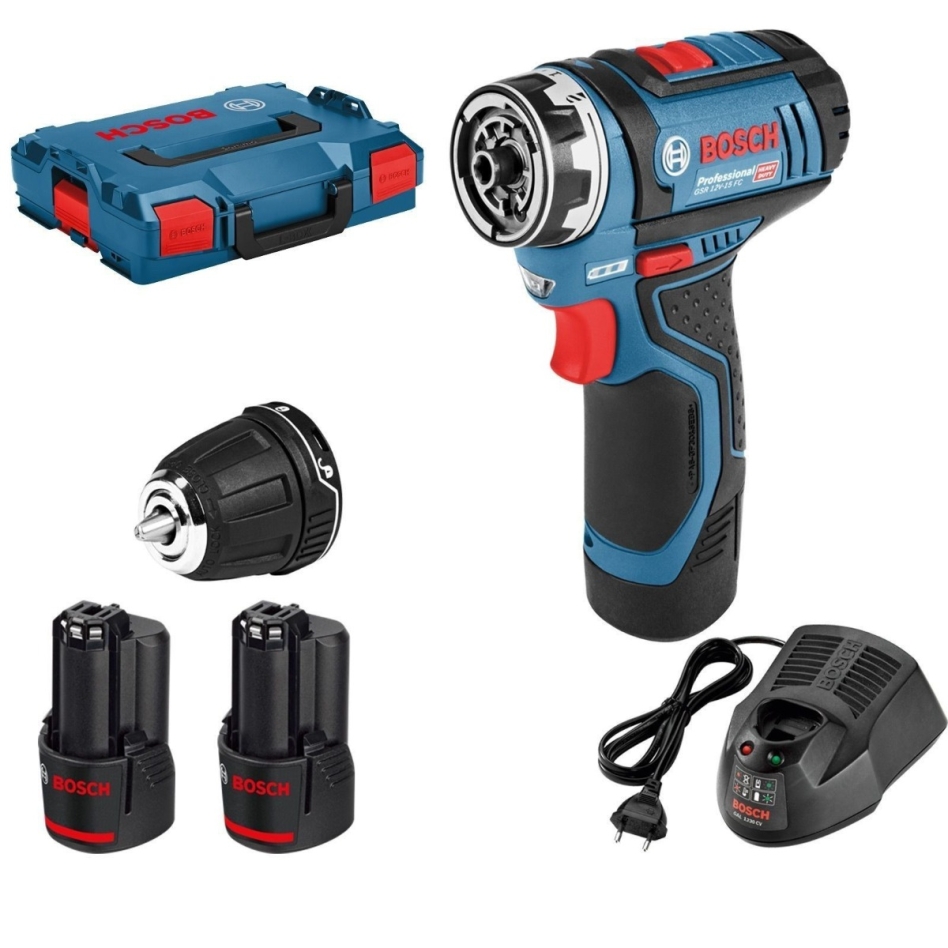 Bosch Bleu 06019F6001 Perceuse-visseuse sans-fil GSR 12V-15 FC Flex 2 batteries 2,0 Ah, L-BOXX