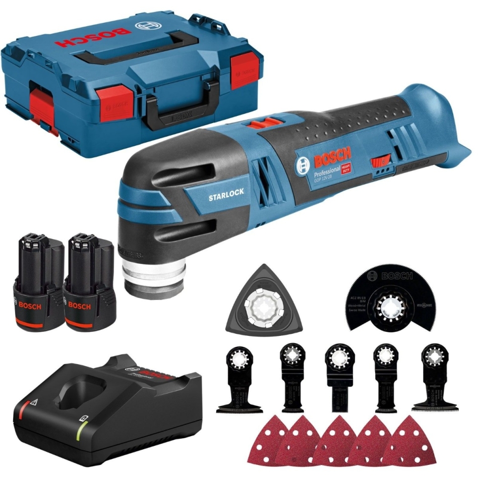Bosch Bleu 06018B5006 Découpeur-ponceur sans-fil GOP 12V-28, 2 batteries 3,0 Ah + accessoires L-BOXX