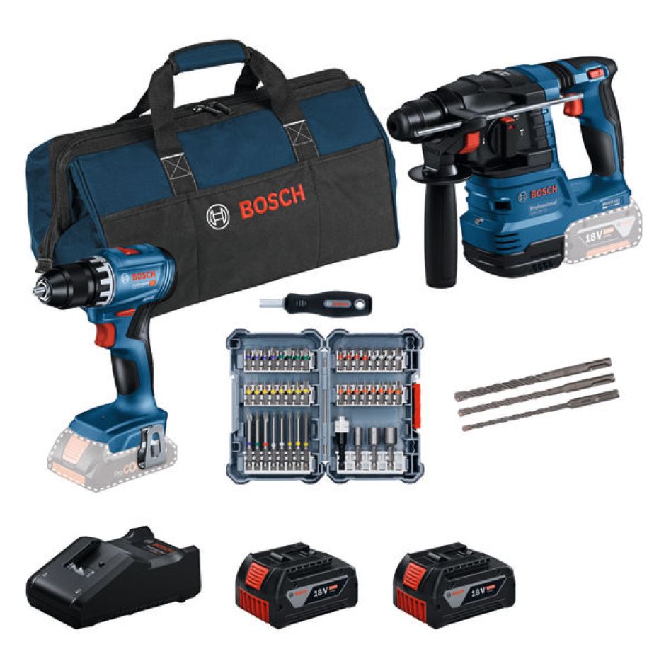 Bosch Bleu 0615V0003D Accutoolkit Combipack 18V GSR + GBH 2x GBA 18V 2.0 Ah et chargeur GAL 18V-40, set de 44 pièces avec tournevis, set de 3 marteaux perforateurs SDS-Plus-5, GSR 18V-45, GBH 18V-22