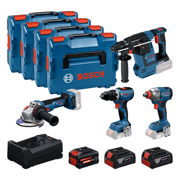 Bosch Bleu 0615A500BJ Kit batterie 4 outils 18V GSR 18V-65, GDX 18V-285, GBH 18V-26, GWS 18V-11 2x batteries GBA 5.0Ah et 1x batterie EXBA 5.5Ah et chargeur GAL 12V/18V-80 en L-Boxx