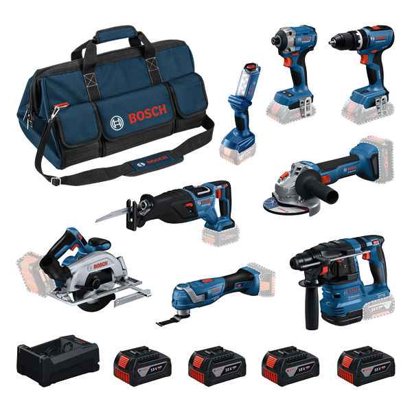 Bosch Bleu 0615V00061 Kit batterie 8 outils 18V GBH 18V-22, GWS 18V-8, GDR 18V-215, GSB 18V-65, GKS 18V-57-2, GSA 18V-28, GOP 18V-34, GLI 18V-300 4x GBA 5.0Ah et chargeur GAL 12V/18V-80 dans sac à outils