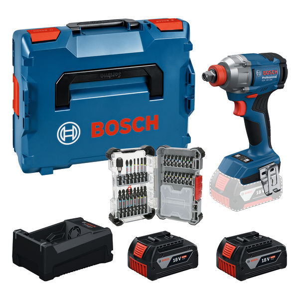 Bosch Bleu 0615A500DY GDX18V-285 tournevis sans fil/cl&eacute; &agrave; chocs 2x 18V 5.0Ah batterie et chargeur GAL12V/18V-80 + jeu d'embouts 31 pi&egrave;ces en L-BOXX