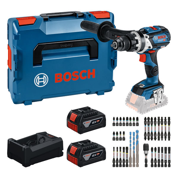Bosch Bleu 0615A500E0 GSB 18V-110 C Visseuse sans fil 2x 18V 5.0Ah batterie et chargeur GAL12V/18V-80 + jeu d'embouts 35 pi&egrave;ces en L-BOXX
