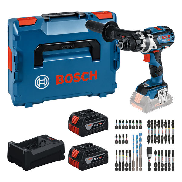 Bosch Bleu 0615A500E3 GSR 18V-110 C Perceuse sans fil 2x 18V 5.0Ah batterie et chargeur GAL12V/18V-80 + jeu d'embouts 35 pi&egrave;ces en L-BOXX