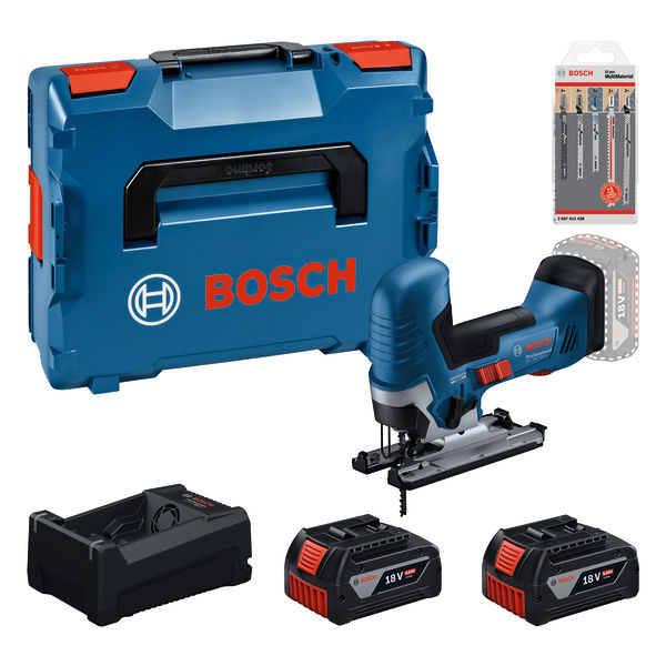 Bosch Bleu 0615A500E5 GST 18V-125 S Scie sauteuse sans fil 2x 18V 5.0Ah batterie et chargeur GAL12V/18V-80 + Jeu de lames de scie sauteuse 15 pi&egrave;ces en L-BOXX