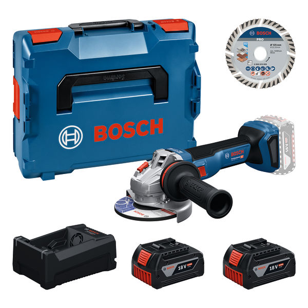 Bosch Bleu 0615A500E6 GWS18V-11S Meuleuse d'angle Accu 2x 18V 5.0Ah batterie et chargeur GAL12V/18V-80 + disque diamant&eacute; en L-BOXX