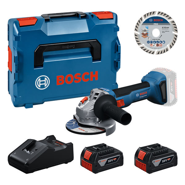 Bosch Bleu 0615A500E7 GWS18V-8 Meuleuse d'angle Accu 2x 18V 4.0Ah batterie et chargeur GAL18V-40 + disque diamant&eacute; en L-BOXX