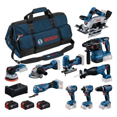 Bosch Bleu 0615A500EH Kit de batterie 10 machines 18V 3x 5.0Ah batterie et GAL12V/18V-80 chargeur dans sac &agrave; outils