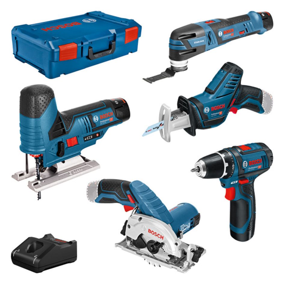 Bosch Bleu 0615A0017C 5 Toolkit 12V - perceuse sans fil + scie circulaire + scie sauteuse + scie à guichet + outil multifonction 12V 3 x 3.0Ah en XL-Boxx
