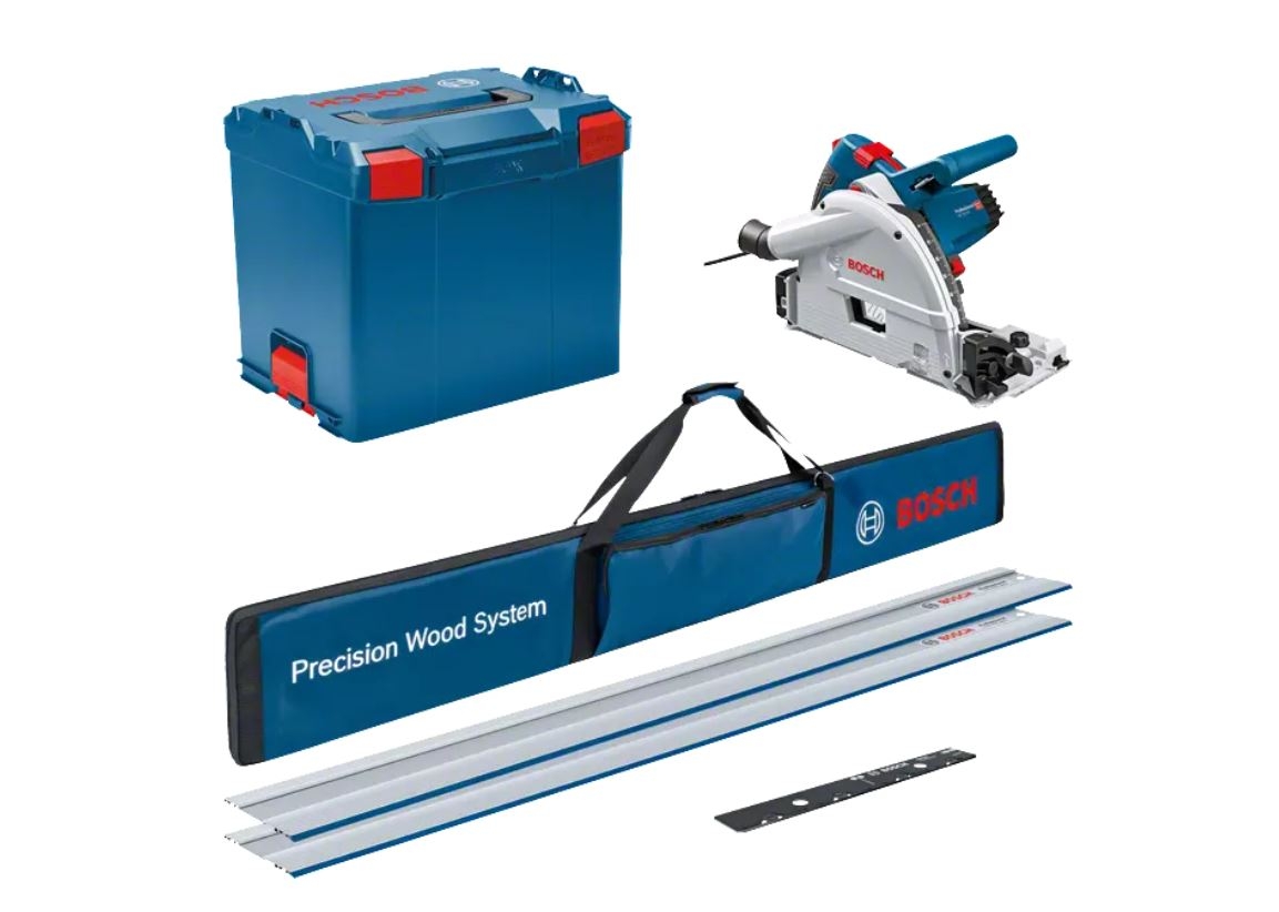 Bosch Bleu 0615990M9B Scie circulaire GKT 55 GCE + 2x rails de guidage + pochette pour FSN + pièce de liaison en L-Boxx