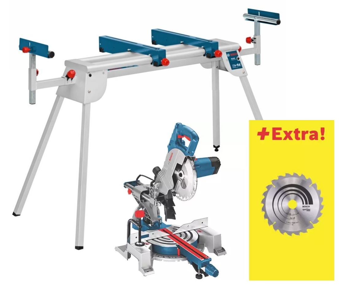 Bosch Bleu GCM80SJ-SET GCM 80 SJ Tronçonneuse 216 mm 1400 W + GTA 2600 Train de roulement