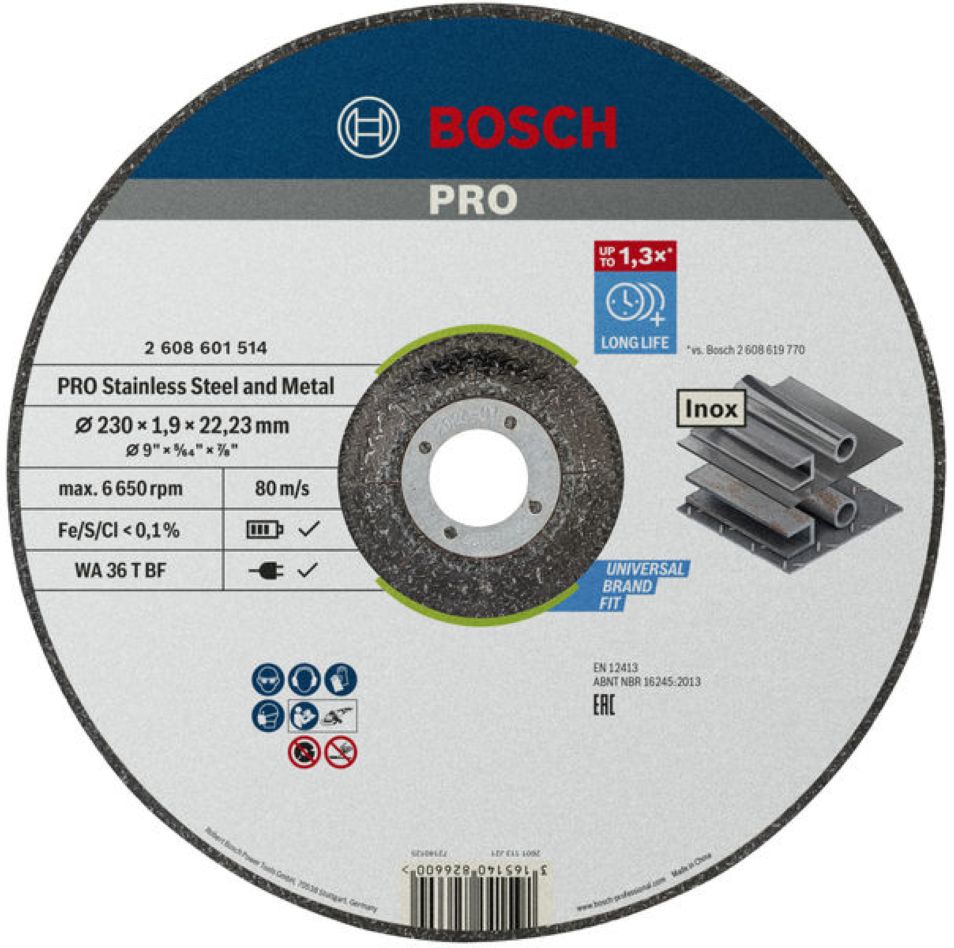 Bosch Bleu Accessoires 2608601514 Disque à tronçonner PRO pour l'acier inoxydable et le métal, 230x1,9x22,23 mm