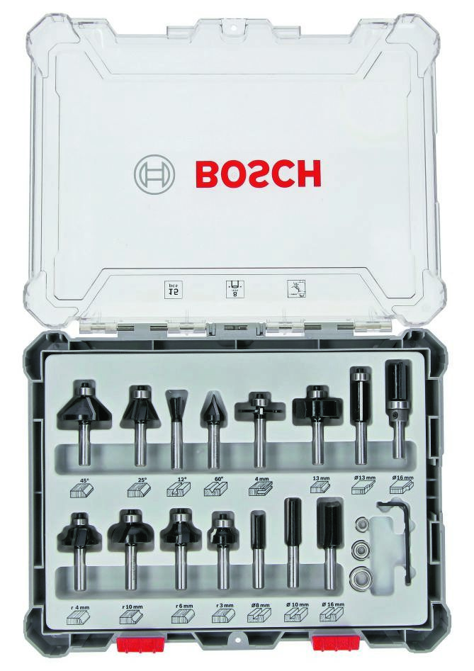 Bosch Bleu Accessoires 2607017472 Jeu de fraises mixtes de 15 pièces avec tige de 8 mm