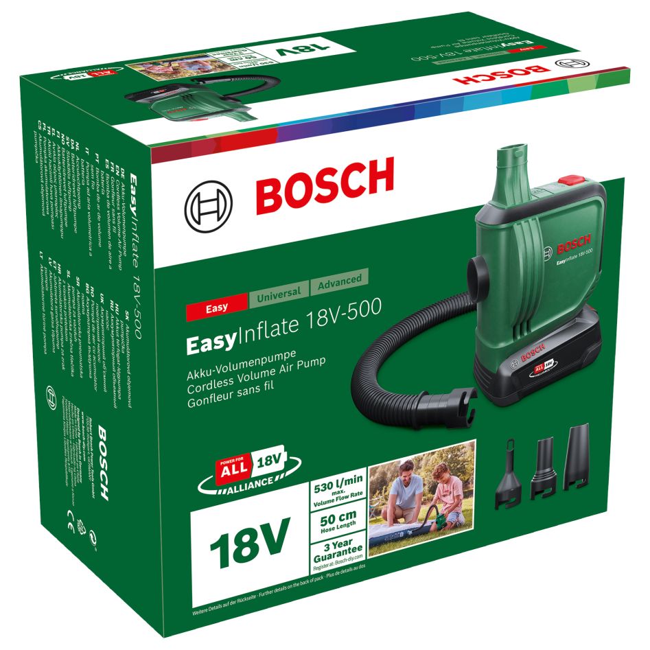 Bosch Vert 0603947201 EasyInflate 18V-500 Batterie pompe à volume 1x 2.0 Ah et chargeur AL 18V-20 dans la boîte