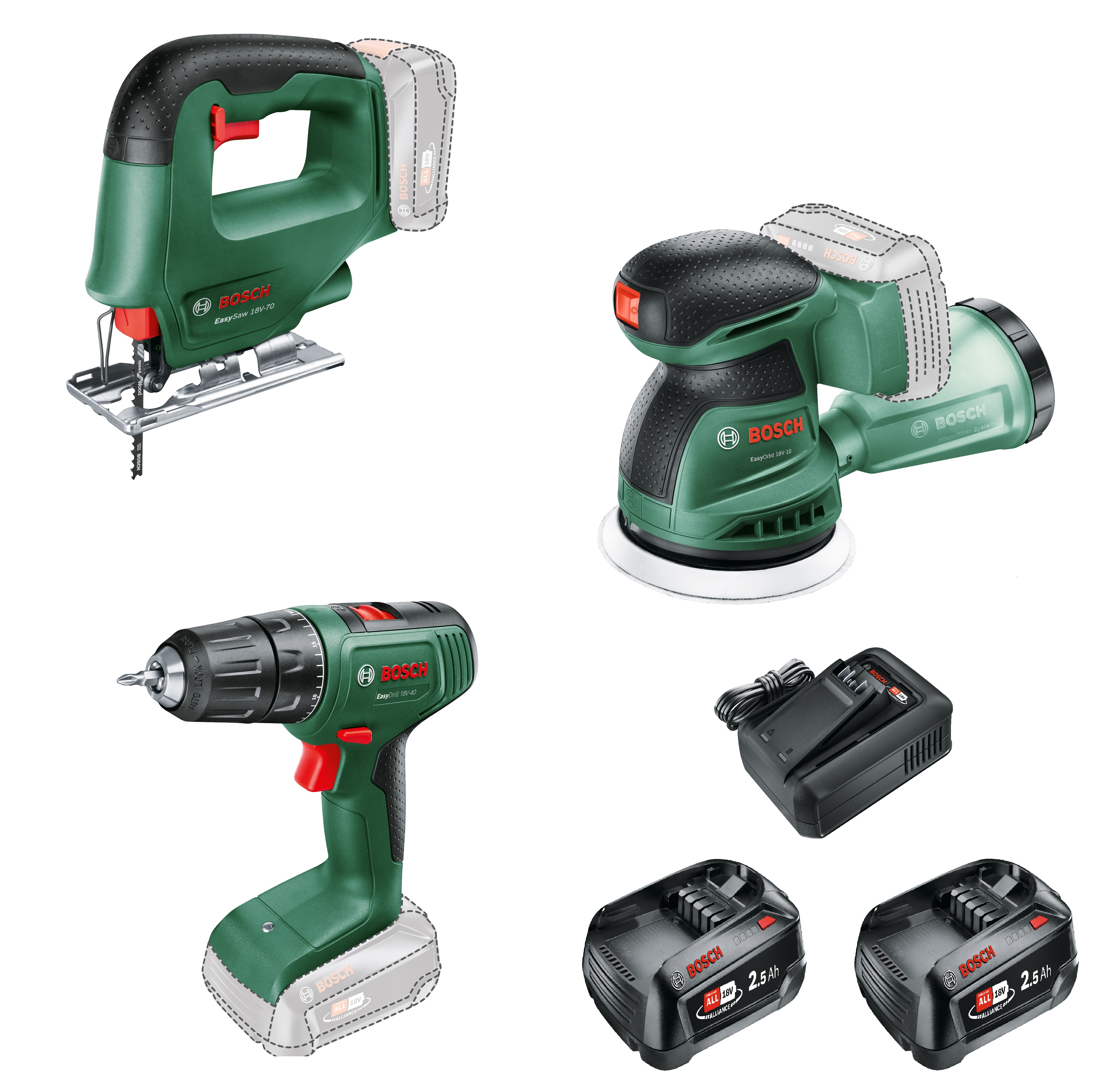 Bosch Vert 0615A500A9 Accutoolkit Combipack 3 machines 2x 18V 2.5Ah batteries et chargeur AL 18V-44 et sac à outils en boîte