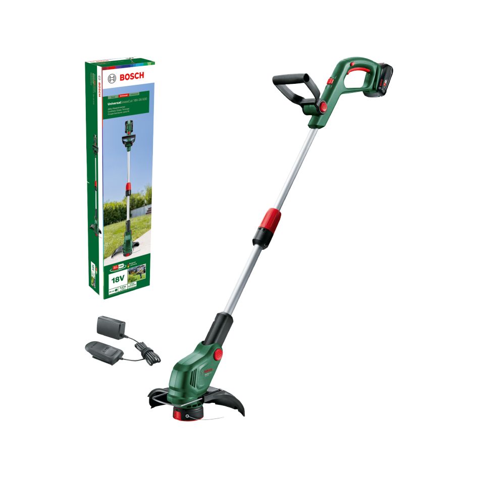 Bosch Vert 06008C1F00 UniversalGrassCut 18V-26-500 Batterie coupe-bordures 1x 2.0 Ah et chargeur AL 18V-20 en boîte