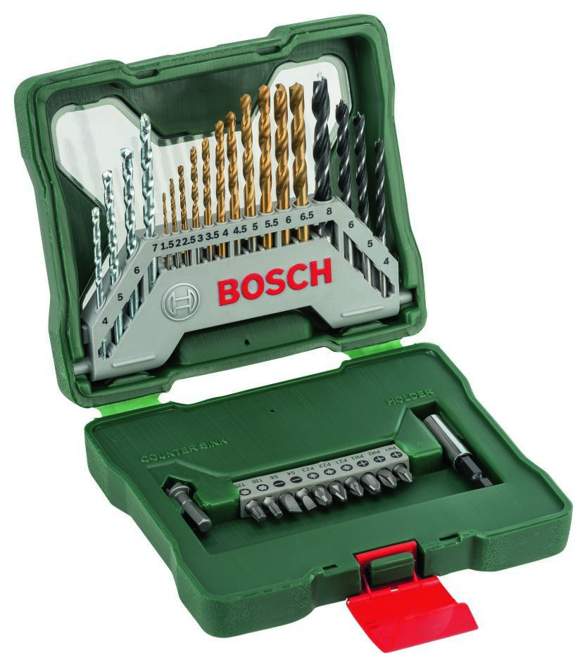 Bosch Vert Accessoires 2607019324 Jeu de 30 pièces comprenant des forets, des mèches, un porte-mèches et un fraise dans un coffret pratique.