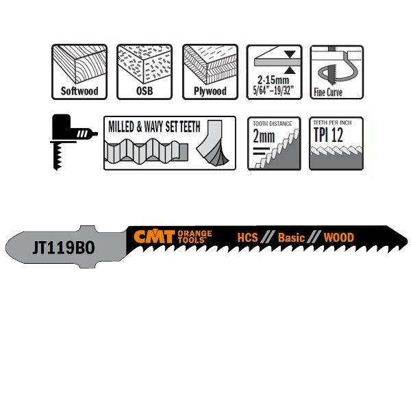 CMT JT119BO-5 Scies sauteuses HCS - Tige en forme de T - Bois 5 pièces