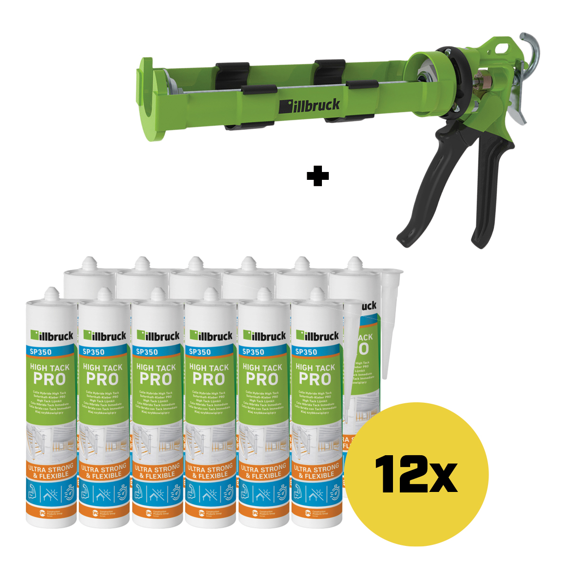 illbruck SP350SETWIT SP350 SET - 12 x SP350 High Tack Glue Putty White + AA873 Pistolet à colle