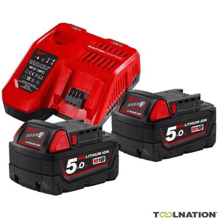 Milwaukee Accessoires 4933459217 M18 NRG-502 - M18 B5 DUO Pack 18V 5.0Ah Redlithium-Ion + Chargeur M12-18FC - 1