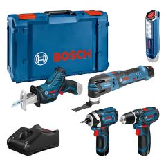 Bosch Bleu 0615990N1D 5 Toolkit 12V - perceuse sans fil + scie à guichet + visseuse à chocs + outil multifonction + lampe 12V 3 x 2.0Ah en XL-Boxx