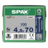 SPAX 0191010450703 Vis universelle 4.5 x 70 mm, filet partiel, tête fraisée, T-STAR plus T20 - 100 pièces - 1