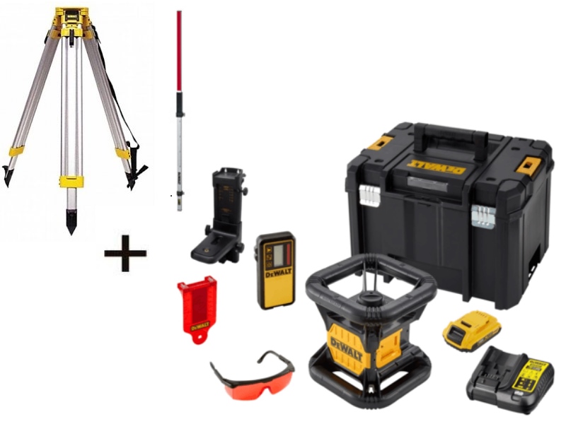 DeWalt DCE074D1R-SET 18V 2.0Ah Li-Ion Laser rouge rotatif entièrement automatique (intérieur) + DE0737 Bâton de mesure + DE0736 Trépied Alu 5/8"