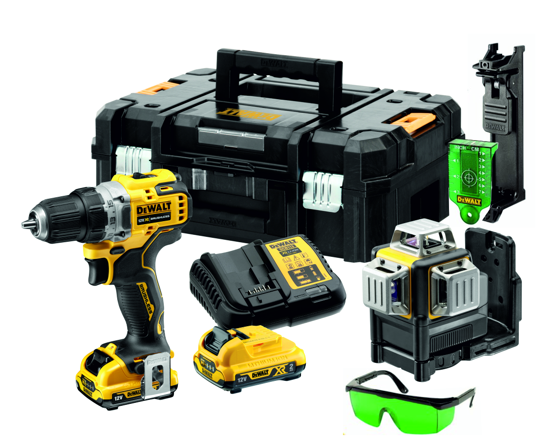 DeWALT DCK212D2T-QW Jeu de tournevis de perçage DCD701 + DCE089 Laser à ligne transversale verte 12V 2.0 ah Li-Ion dans une mallette TSTAK