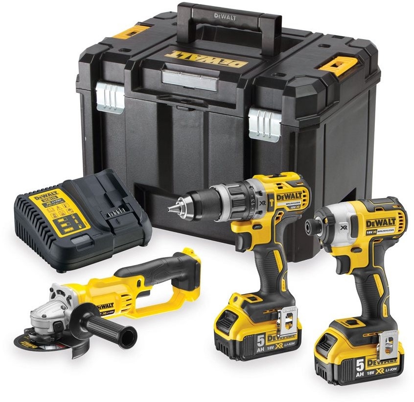 DeWALT DCK383P2T-QW Pack 18V 5.0Ah Li-Ion - Perceuse à percussion sans fil DCD796 + Visseuse à percussion DCF887 + Meuleuse d'angle DCG412