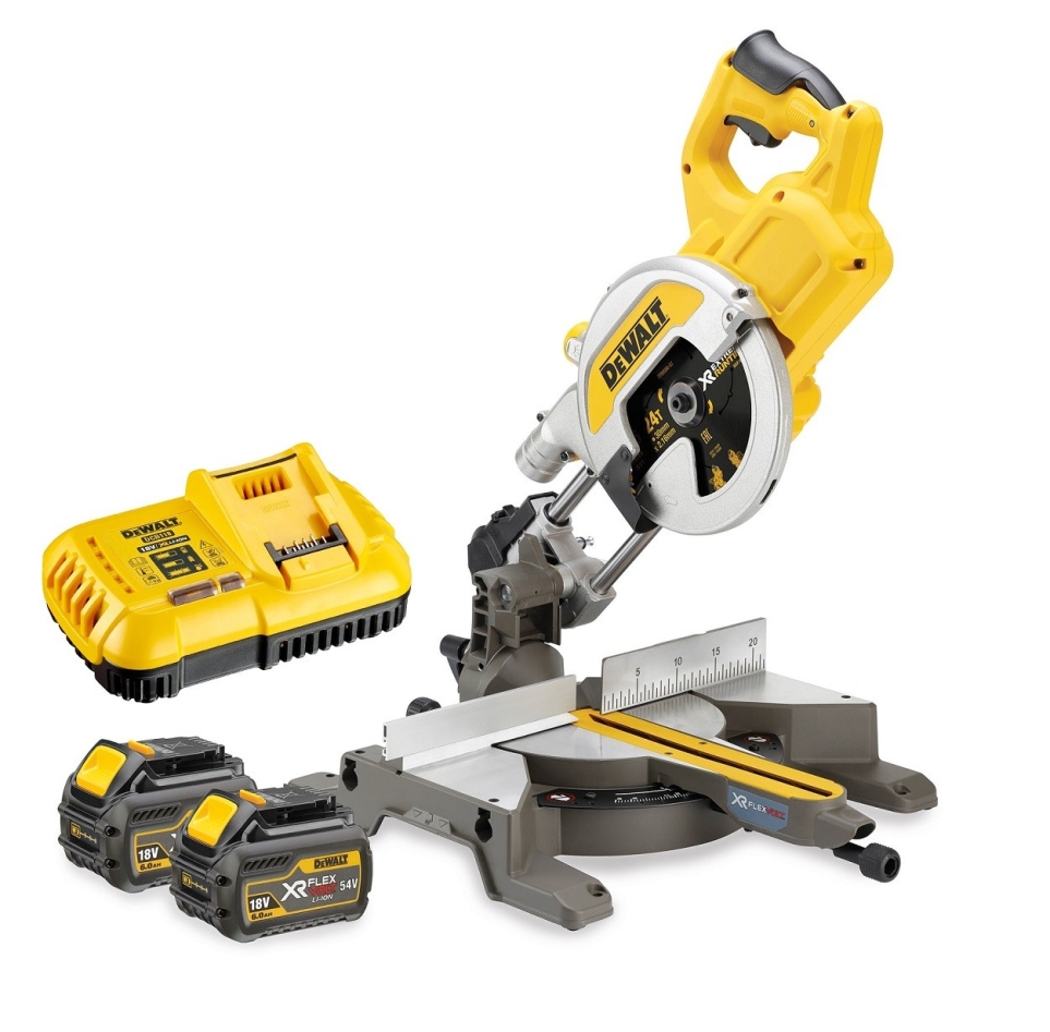 DeWALT DCS777T2-QW Scie à onglets radiale XR FLEXVOLT 54V 2Ah Li-Ion Brushless 216mm - 2 batteries