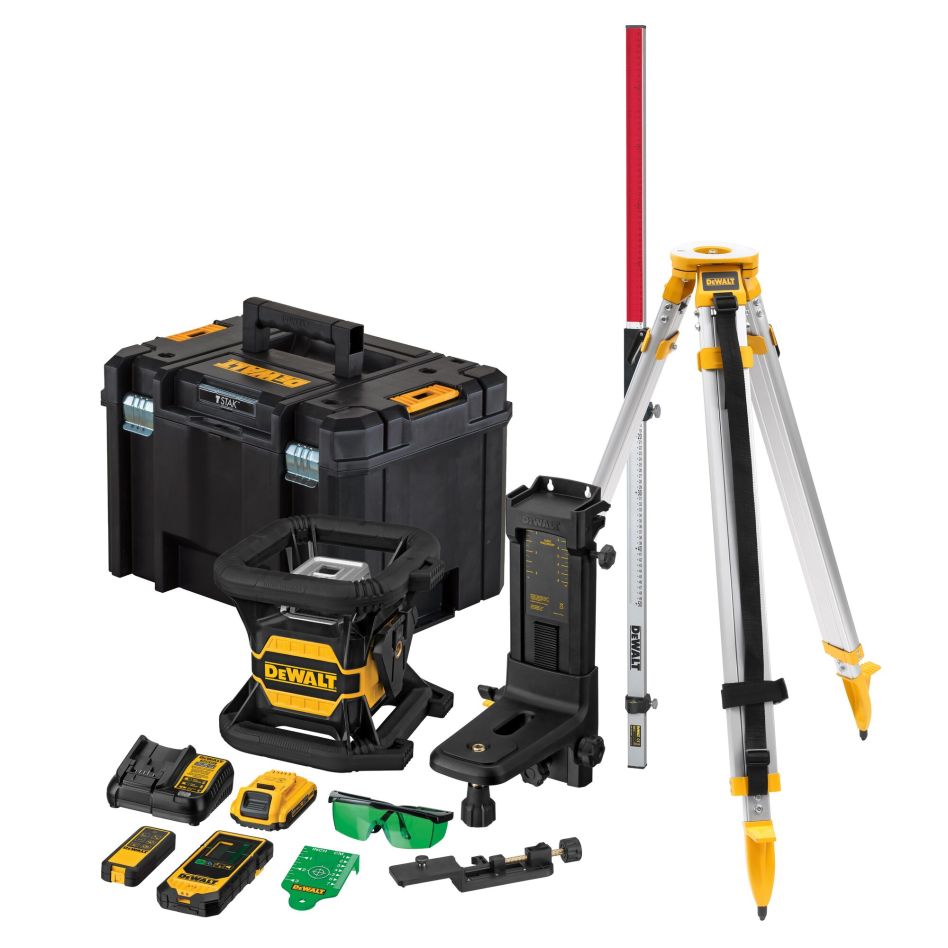DeWalt DCE080D1GS-SET Laser vert rotatif 18V 2.0Ah Li-ion + DE0737 Bâton de mesure + DE0736 trépied 5/8"