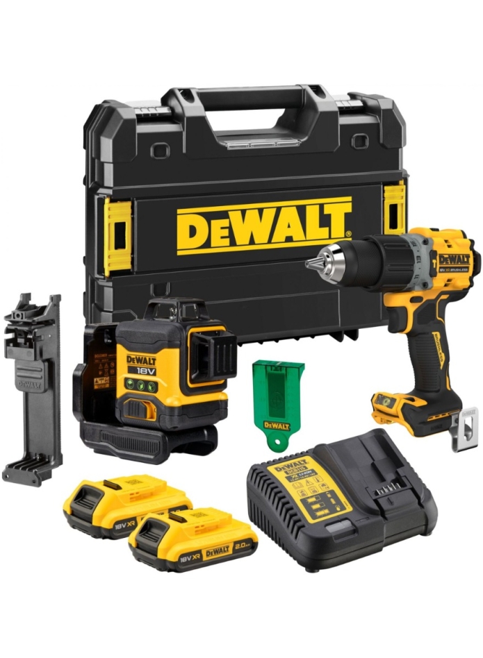 DeWALT DCK2095D2T-QW Ensemble 18 Volt 2.0 AH Li-ion - DCLE34031 growbe laser + DCD791 perceuse sans fil