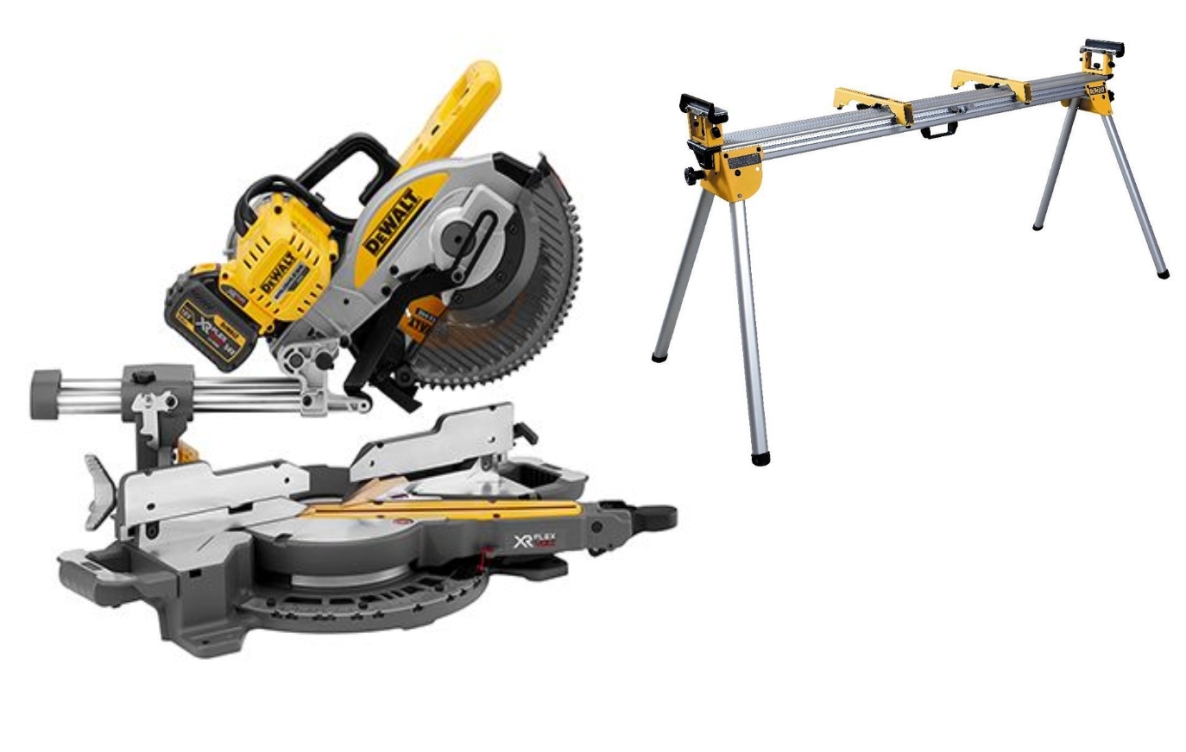 DeWalt DCS727T2SET-QW XR FlexVolt 54 Volt 6.0Ah Li-Ion Tronçonneuse et scie à onglets 250 mm + support DE7023