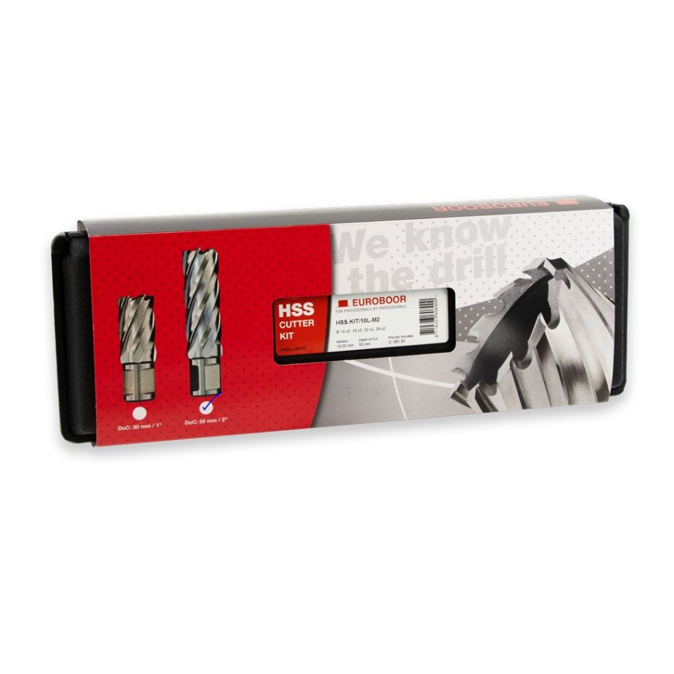 Euroboor 30521231035004 HSS.KIT/10L-M2 Kit de carottage, HSS, DoC 55 mm, Dmin 14 mm, Dmax 26 mm