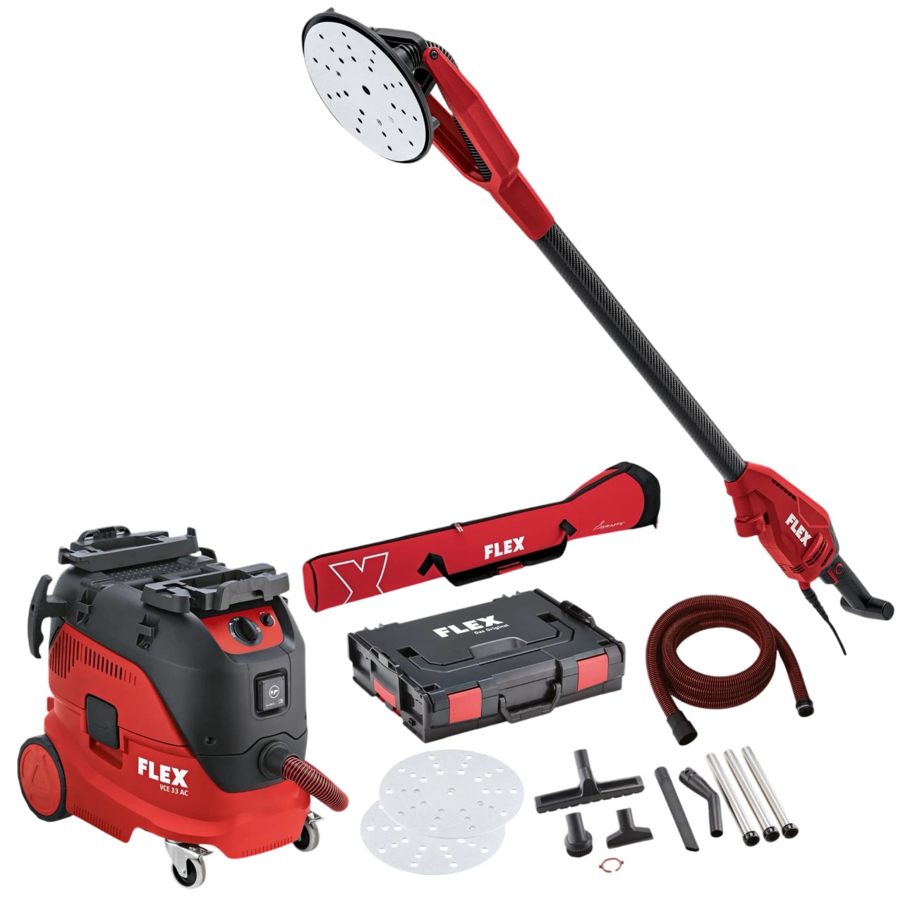 Flex-tools 534958 GE 6 X-EC & VCE 33 L AC Giraffe Kit de ponçage de plafond avec aspirateur de sécurité 30L et accessoires