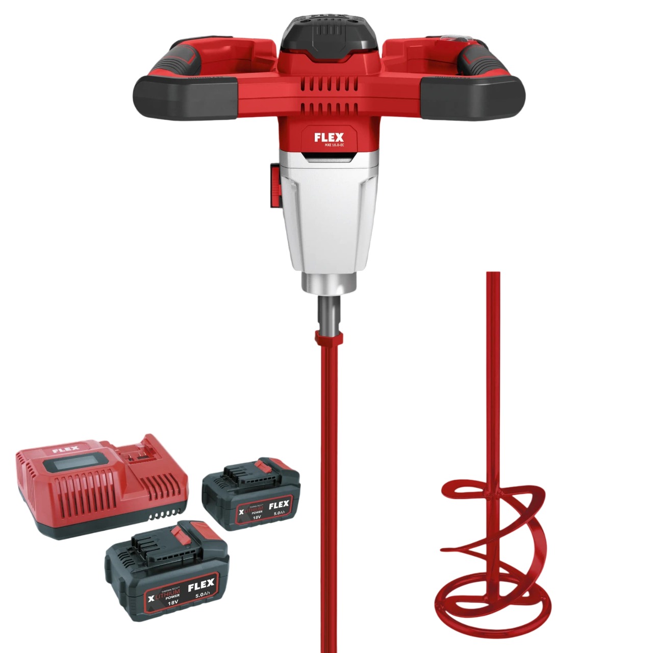 Flex-tools 535138 MXE 18.0-EC/5.0 Set & HP2 120 Battery mixer 18V incl. 5.0 Ah, chargeur et spiral mixer in box
