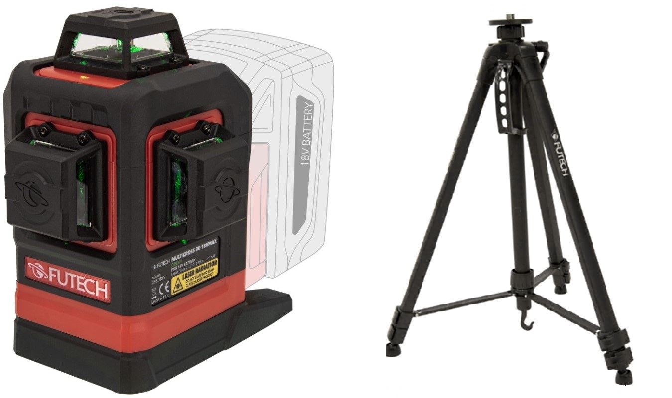 Futech 036.3DG-P MultiCross 3D 18V MAX Green cross line laser 3D excl. batteries et chargeur + trépied 180cm