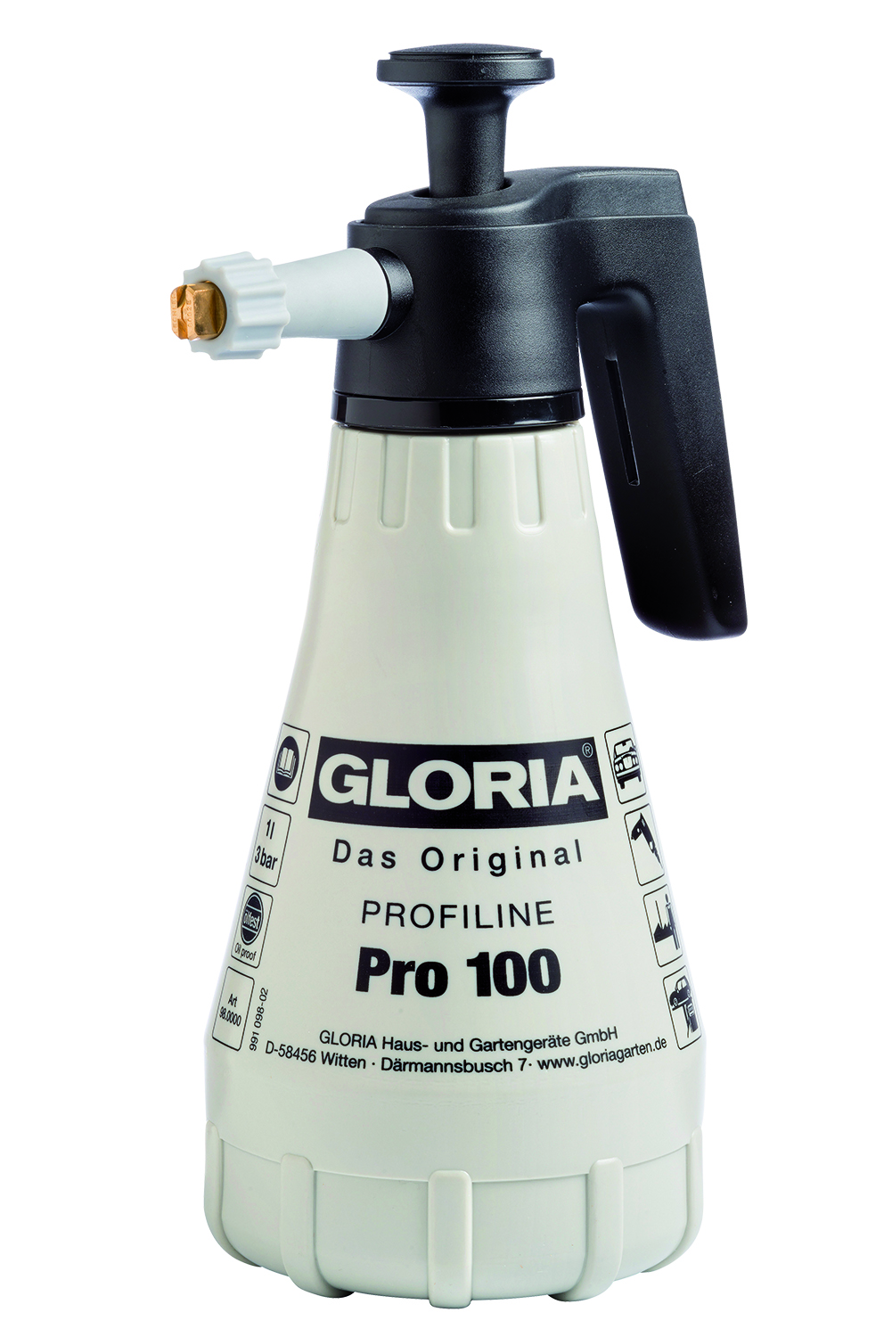 Gloria 000098.0000 Pro 100 Pulvérisateur à main, capacité de remplissage 1 l., joints Viton, jet plat 80°.