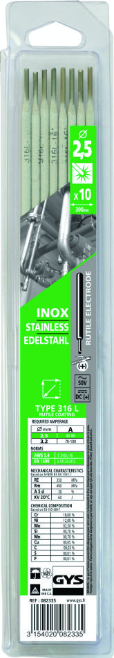Gys 5193082335 Électrodes en acier inoxydable Ø2,5 mm (10 pièces)