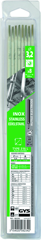 Gys 5193082342 Électrodes en acier inoxydable Ø3,2 mm (8 pièces)
