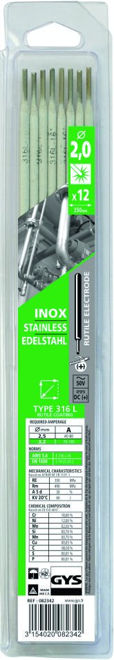Gys 5193082359 Électrodes en acier inoxydable 316 L Ø2.0 mm (12 pièces)